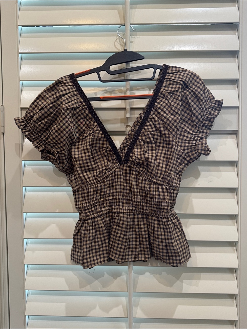 Urban Outfitters Black & Cream Gingham Peplum V-Neck Top